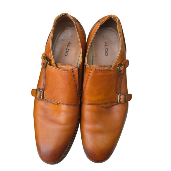 Brown ALDO Mens Monk Strap Leather Shoes Size 10 Cognac JJJ4106 - Picture 4 of 14